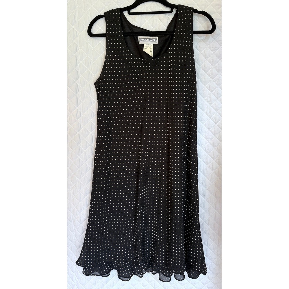 Cottagecore‎ Jessica Howard Black Polka Dot Ruffle Shift Dress Women's Size 14